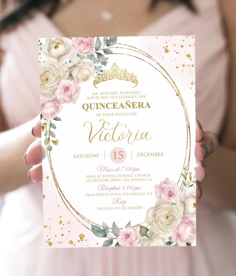 May include: A Quincea&ntilde;era invitation card with a gold frame, floral accents, and the name "Victoria." The card features a tiara illustration, the date, and event details. The color scheme includes pink, white, and gold.