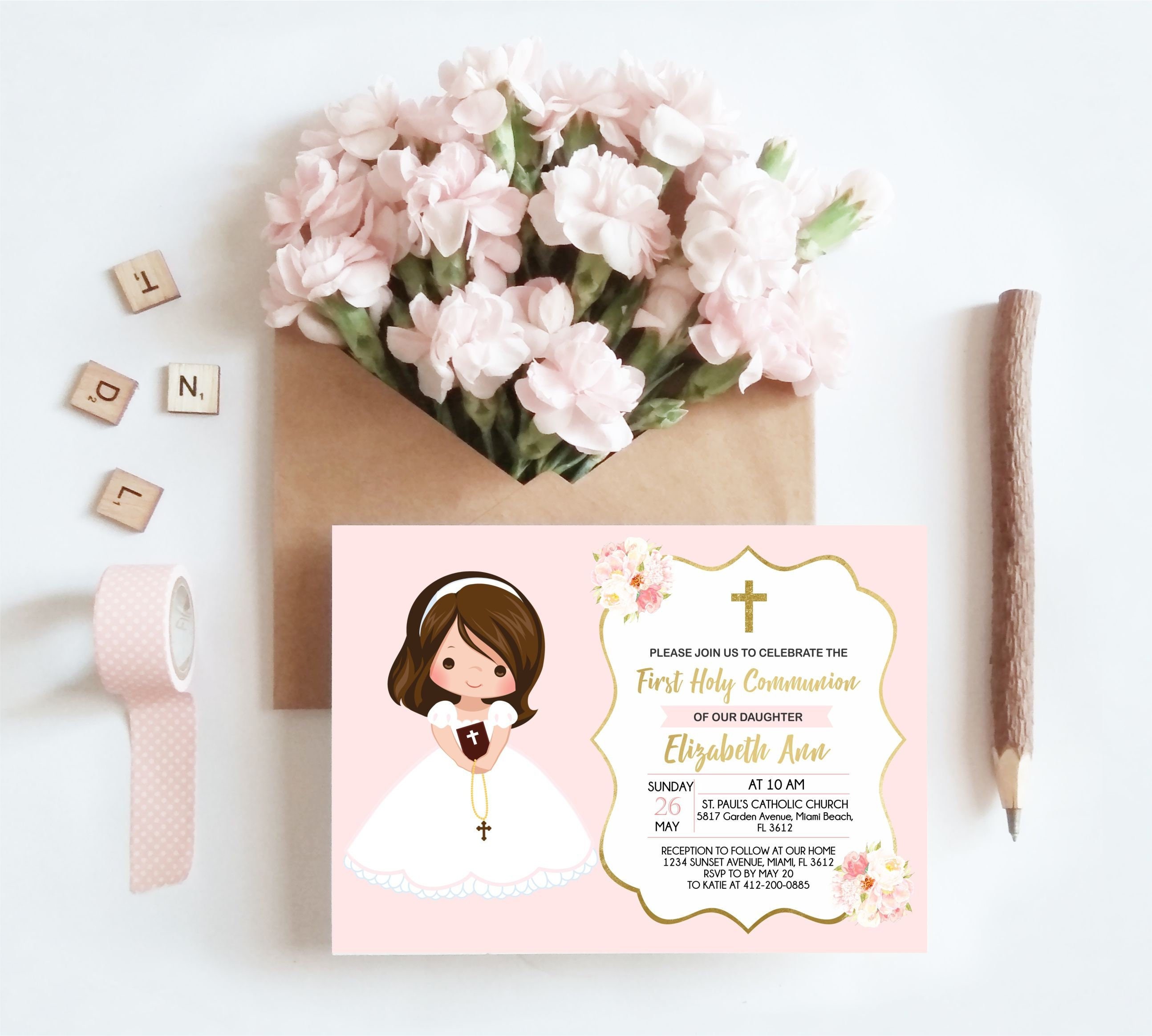 First Holy Communion invitation girl printable invitation Etsy