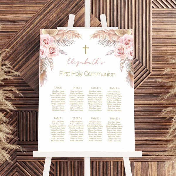 Boho First Holy Communion Seating Chart, Girl first communion, Editable seating chart, Printable, Boho First Communion, Pampas grass, FC15