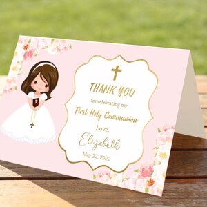 Erste heilige Kommunion Dankeskarte, Mädchen erste heilige Kommunion, Printable Dankeskarte, rosa, personalisierte Karte, FC01
