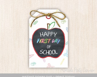 Printable Happy First Day of School Gift tag, Back to school printable tag, Teacher gift tags, Instant download, Apple First Day chalkboard