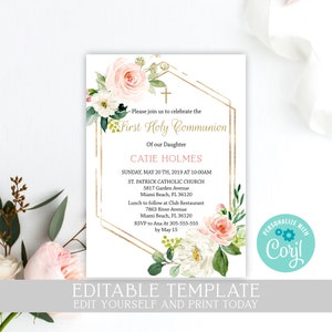 May include: A gold geometric frame with floral accents surrounds an invitation to a First Holy Communion for Catie Holmes. The invitation includes the date, time, and location of the event, as well as RSVP information.