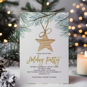 May include: A white invitation card with a gold glitter font announcing a Holiday Party. The card features a watercolor illustration of pine branches and a gold star ornament.