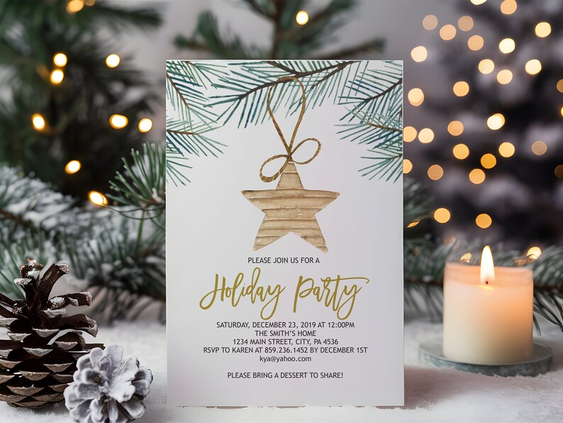 May include: A white invitation card with a gold glitter font announcing a Holiday Party. The card features a watercolor illustration of pine branches and a gold star ornament.
