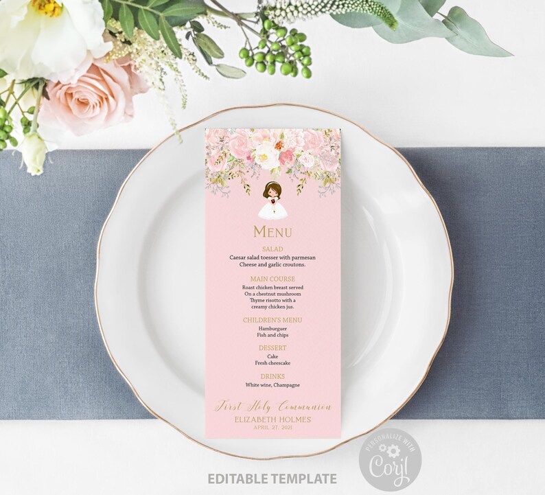 First communion welcome sign girl, 1st communion poster, communion decoration, printable sign, floral blush and gold, custom sign, FC01 zdjęcie 8