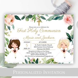 May include: A floral-themed invitation for a First Holy Communion celebration for Marie and Jackson. The invitation includes the date, time, and location of the event, as well as contact information for RSVP.