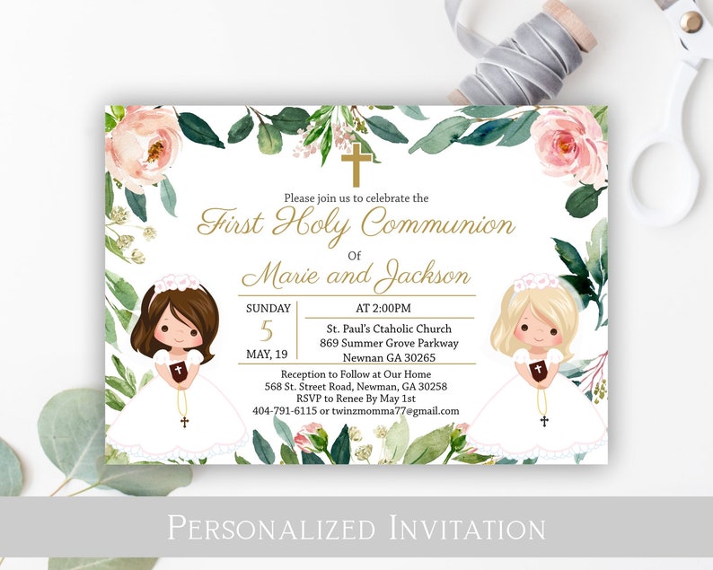 May include: A floral-themed invitation for a First Holy Communion celebration for Marie and Jackson. The invitation includes the date, time, and location of the event, as well as contact information for RSVP.