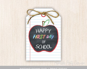 Back to School Printable Gift tag, Happy First Day of School, Teacher gift tags, Instant download, Apple First Day chalkboard