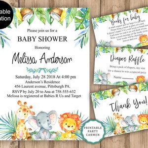Safari baby shower invitation, Jungle Baby Shower Invitation, Gender neutral, Girl Boy Tropical Baby Shower Elephant Giraffe Lion animals