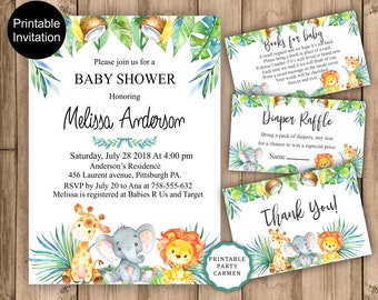 Safari baby shower zaproszenie, Jungle Baby Shower zaproszenie, płeć neutralna, Dziewczynka Chłopiec Tropikalny Baby Shower Słoń Żyrafa Lew zwierzęta