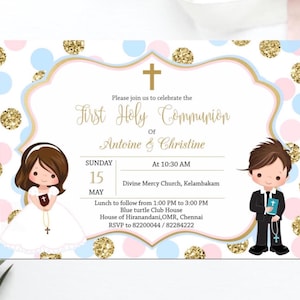 Invitación de Primera Comunión para Hermanos, Comunión de Gemelos, Invitación Imprimible de Primera Comunión para Niño y Niña, Plantilla Editable, FC09