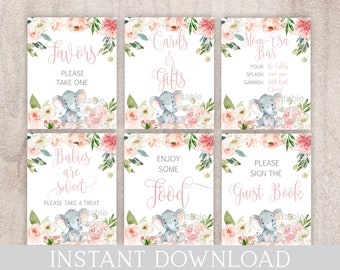 Elephant baby shower signs, girl baby shower, baby shower decoration, blush pink, instant download, little peanut baby shower