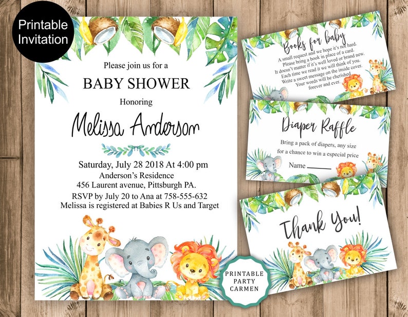 May include: Printable baby shower invitation with jungle animal illustrations. The invitation features a giraffe, elephant, and lion with green leaves and coconuts. The text reads "Please join us for a Baby Shower Honoring Melissa Anderson Saturday, July 28 2018 At 4:00 pm Anderson's Residence 456 Laurent avenue, Pittsburgh PA. RSVP by July 20 to Ana at 758-555-632 Melissa is registered at Babies R Us and Target"