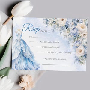 Aschenputtel Quinceaňera Antwortkartenvorlage | Rsvp Insert, editierbare Vorlage Blue & Cream Design für 15. Geburtstagsfeier, Cinderella's Dress Card