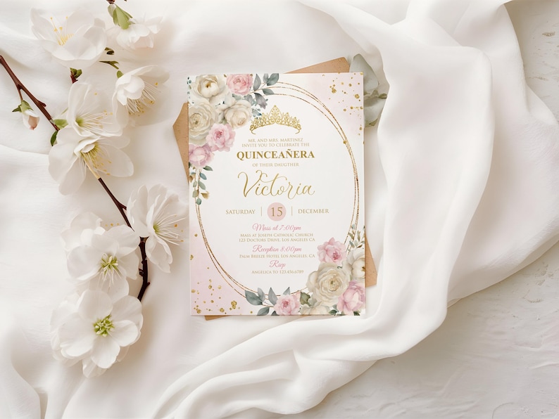 May include: A Quincea&ntilde;era invitation card with a gold frame, a crown, and floral accents. The invitation is pink and gold with the name "Victoria" in elegant script. The date is December 15th.