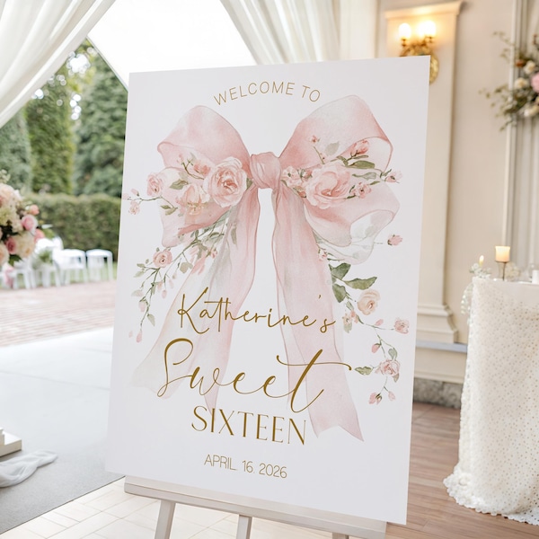 Floral Schleife Sweet Sixteen Willkommens-Schild | Zarte Soft Pink kokett 16. Geburtstag druckbare Zeichen | Sweet 16 Party Decor, bearbeitbare Vorlage