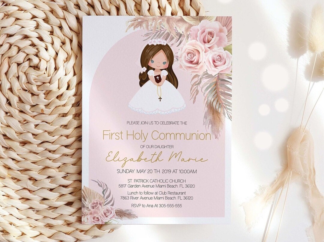 Girl First Holy Communion Invitation Template, Boho First Holy ...