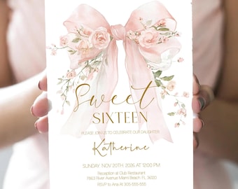 Floral Bow Sweet Sixteen Invitation Template | Editable 16th Birthday Party Invite | Bow Coquette Soft Pink, Digital download Printable