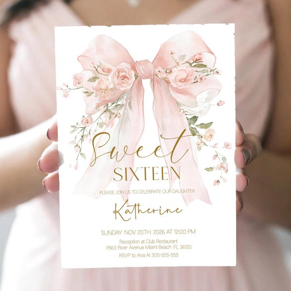 Floral Bow Sweet Sixteen Invitation Template | Editable 16th Birthday Party Invite | Bow Coquette Soft Pink, Digital download Printable