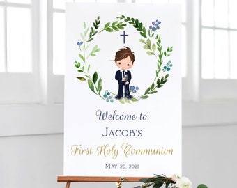 Modèle de plaque de bienvenue pour la première communion pour garçon, affiche de la 1ère communion, décoration de communion, plaque imprimable personnalisée, plaque de bienvenue verdure