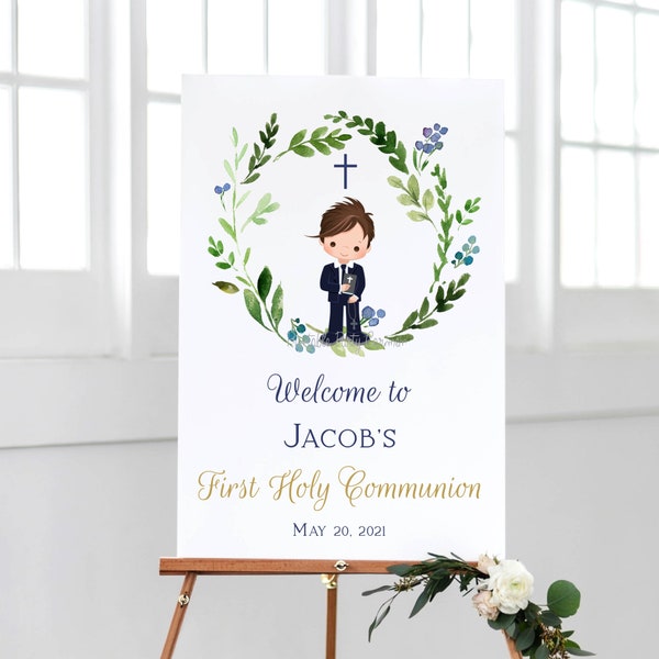 Boy First Communion Welcome Sign Template, 1st communion Poster, Communion decoration, Custom Printable sign, Greenery welcome sign