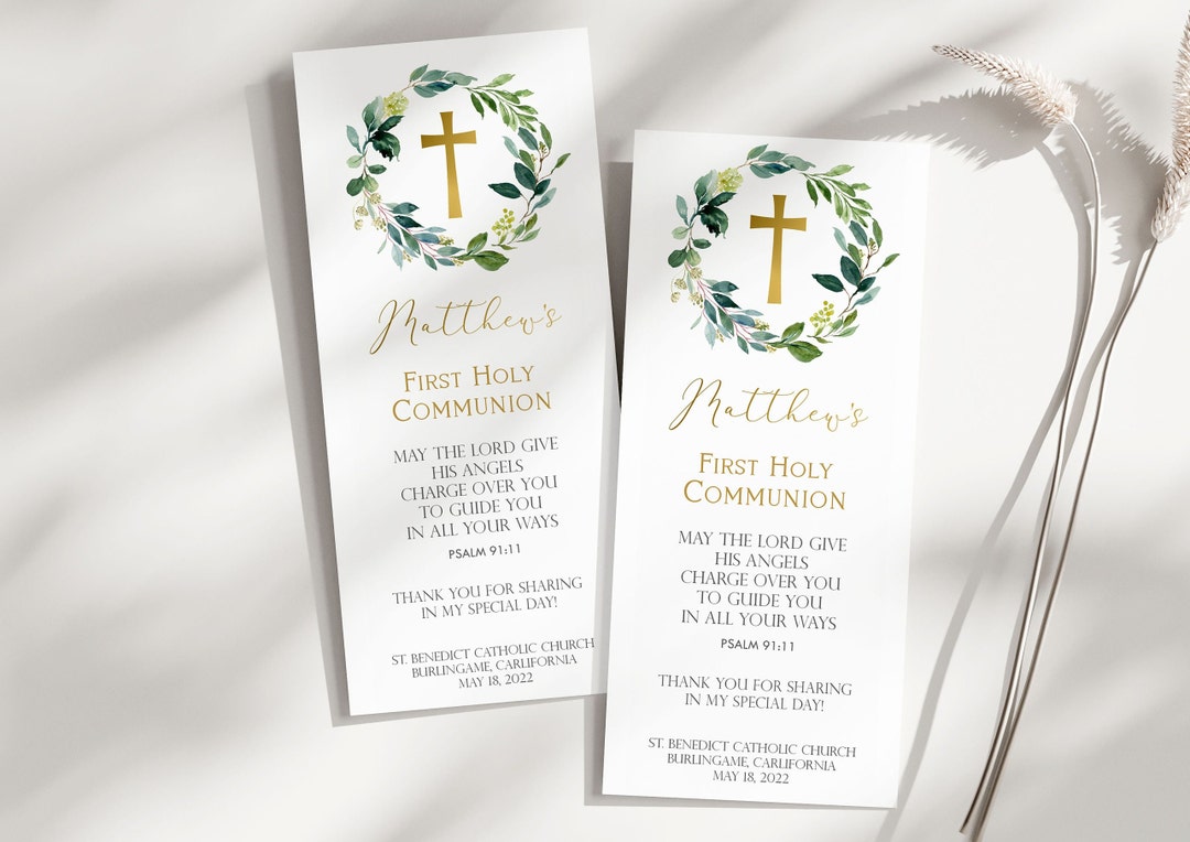 first-holy-communion-bookmark-favors-editable-template-greenery-wreath-design-cross-printable-boy-s-communion-favors-for-guests-fc07-etsy