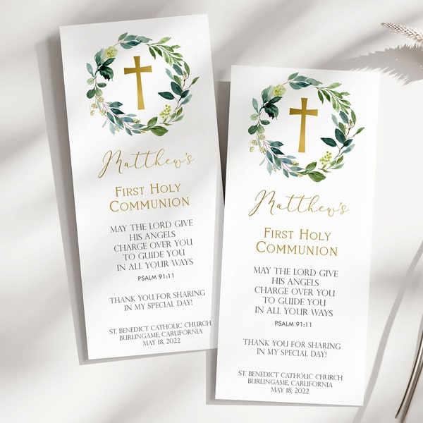 First Holy Communion Bookmark Favors - Editable Template, Greenery Wreath Design Cross - Printable Boy's Communion Favors for Guests, FC07