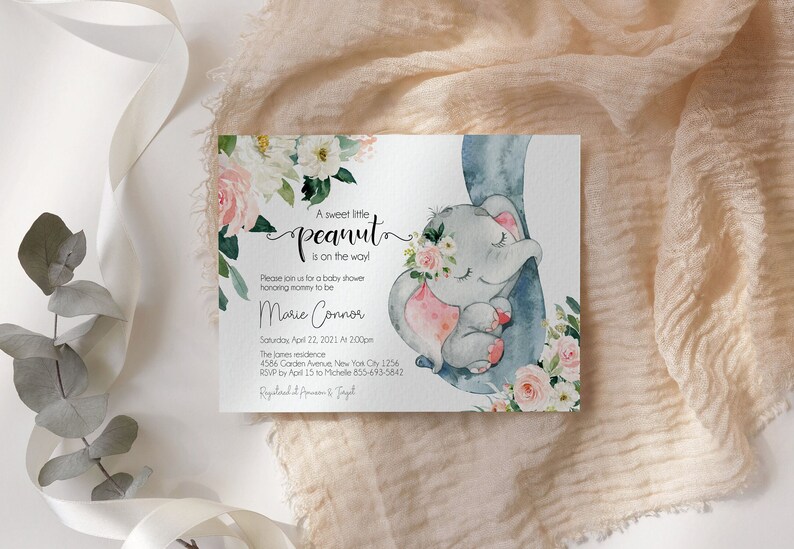 Inbjudan till babyshower med elefant, flicka, en liten jordnöt är på väg, redigerbar mall, nyfödd elefantunge, utskrivbar inbjudan bild 2