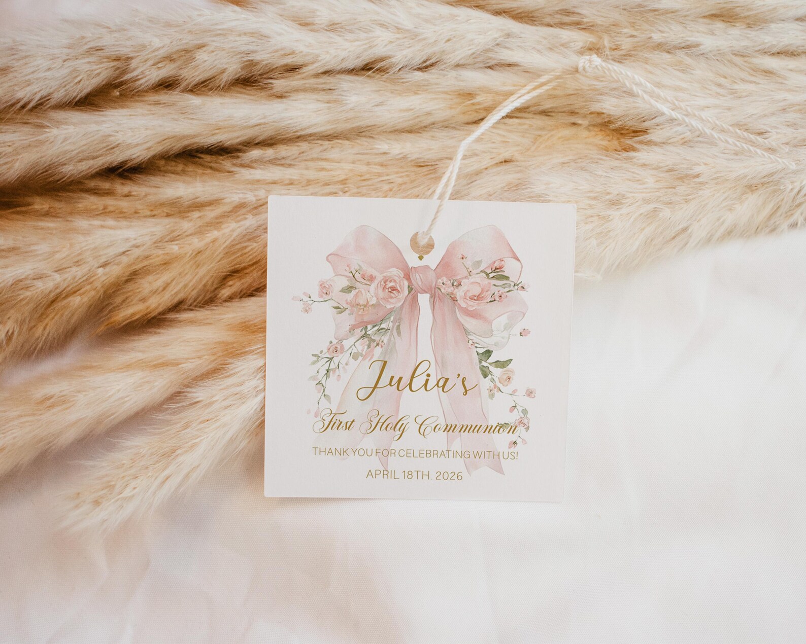Pink Bow First Holy Communion Invitation Template | Coquette Floral ...