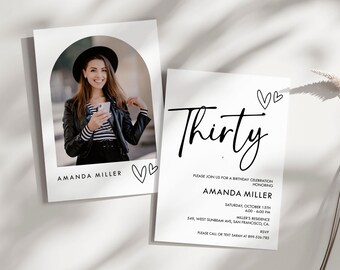 Minimalist 30th Birthday Invitation Template - Editable Woman Birthday Party Invite, Thirty Woman Birthday Photo, Instant Download