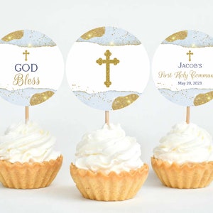 Cupcake Toppers Boy First Communion Printable Cupcake Toppers First Holy Communion Cupcake decorations light blue and gold FC11