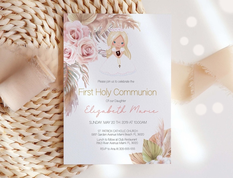 May include: First Holy Communion invitation with a watercolor illustration of a girl in a white dress and a floral wreath. The invitation includes the text "First Holy Communion", "Elizabeth Marie", and the date and time of the event.