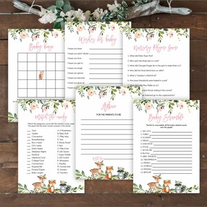 May include: A set of printable baby shower games with a woodland theme. The games include Baby Bingo, Wishes for Baby, Nursery Rhyme Game, Match the Candy, Advice for the Parents-to-Be, and Baby Scramble. The games feature a pink and green color scheme with floral accents and illustrations of deer, foxes, and raccoons.
