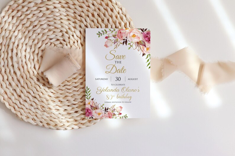 80th Birthday Invitation, 80th Birthday Dinner, Adult Birthday Card, Printable Invitation, Editable Template, Floral Pink Watercolor image 7