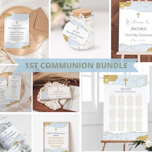 First Holy Communion Invitation BUNDLE, 1st Communion Printables, First communion Boy and Girl Printable Invite, Sky blue and gold, FC011