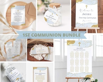 First Holy Communion Invitation BUNDLE, 1st Communion Printables, First communion Boy and Girl Printable Invite, Sky blue and gold, FC011