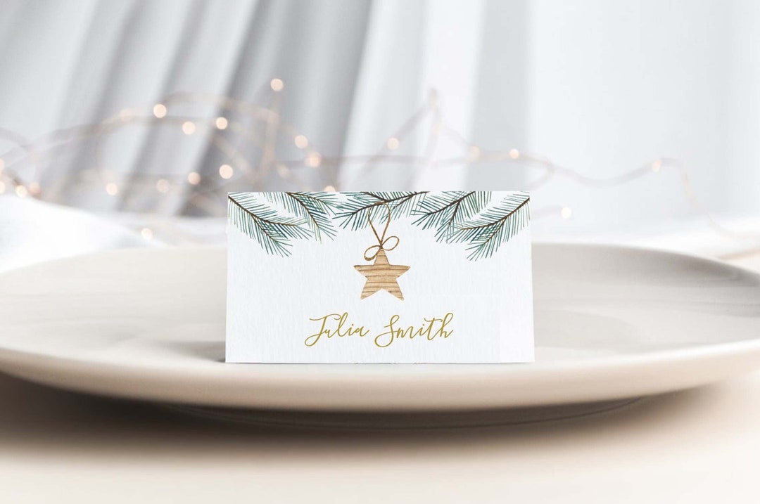 Printable Christmas Place Cards - Editable Star Pine Branches Design ...