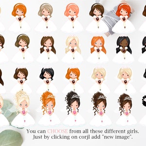 May include: A digital collage of 36 illustrations of girls in white dresses, each with different hair colors, styles, and skin tones. The text "You can CHOOSE from all these different girls. Just by clicking on corjl add "new image"" is at the bottom of the image.