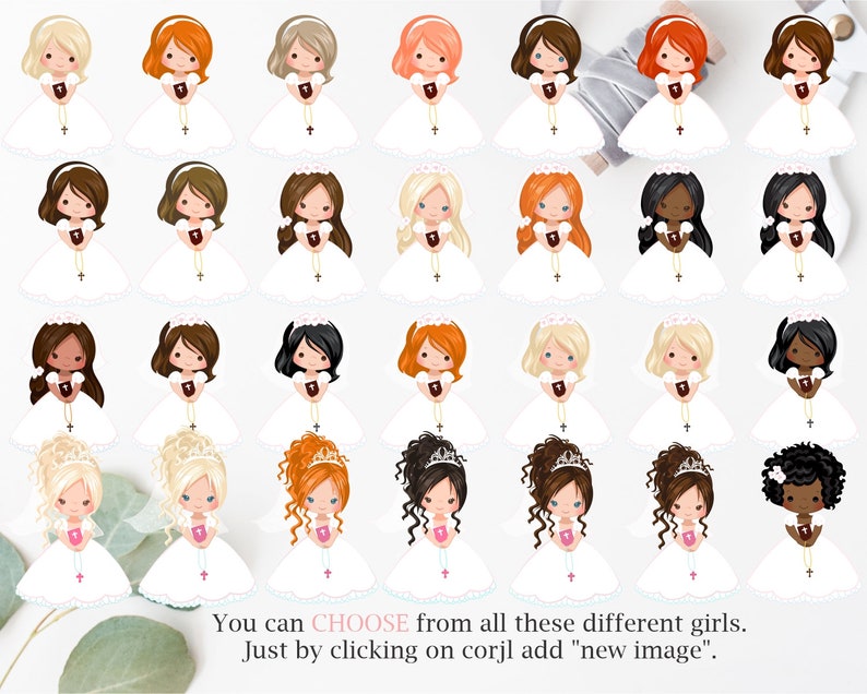 May include: A digital collage of 36 illustrations of girls in white dresses, each with different hair colors, styles, and skin tones. The text "You can CHOOSE from all these different girls. Just by clicking on corjl add "new image"" is at the bottom of the image.