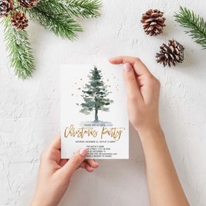 May include: A watercolor Christmas party invitation with a blue-green pine tree and gold stars. The text reads "Please join us for a Christmas Party" and includes the date, time, and location of the party. RSVP by December 15th.