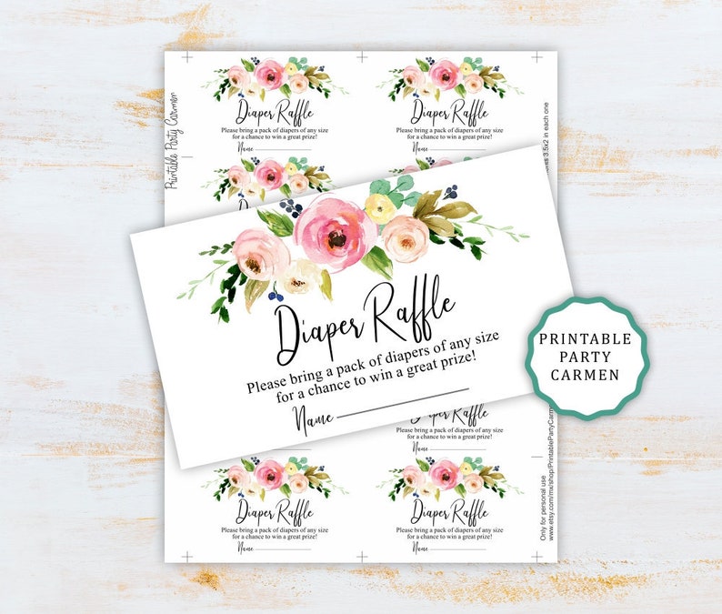 Diaper raffle cards floral baby shower girl pink floral watercolor printable diaper raffle card instant download diaper raffle ticket, boho image 1