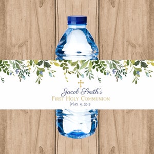Etichette per bottiglie d'acqua Prima Comunione, prima Comunione bambino blu navy, etichetta stampabile personalizzata, Greenery, battesimo