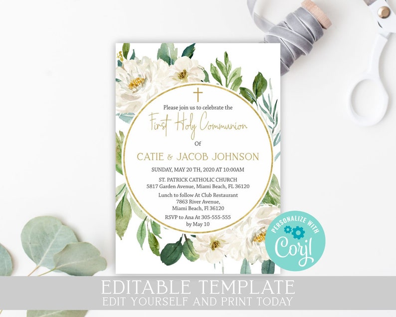 First Holy Communion Invitation, siblings invitation, printable invitation, leaves watercolor, Editable invitation, white & gold image 1