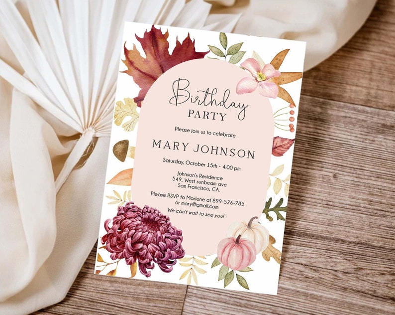 Autumn Floral Birthday Party Invitation, Fall Woman's Birthday Invite, Fall Invitation Template, Fall leaves, Pumpkin, Floral watercolor