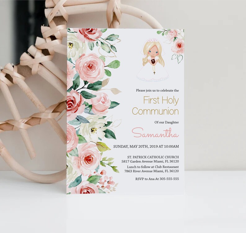 Girl First Holy Communion Invitation Editable Template, Invitation Card ...