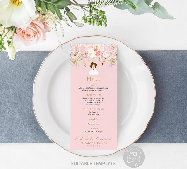 First Holy Communion Thank You Card, Girl First Holy Communion, Printable Thank You card, pink, Personalized Card, FC01 image 7
