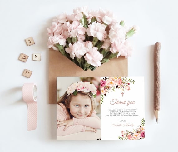 10 Tarjetas De Agradecimiento Personalizables Con Foto Floral Vintage - Para Niño O Niña (Personal Moments)