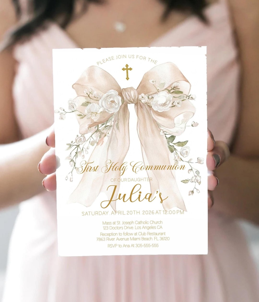 Ivory Bow First Holy Communion Invitation Template | Elegant Ivory ...