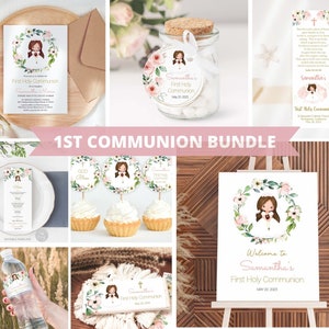 Girl First Holy Communion Invitation BUNDLE, Printable Invitation, Editable Template, Wreath Floral Peach and Rose Watercolor FC13