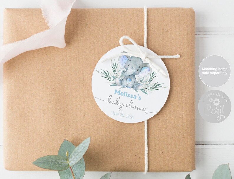 Boy Elephant Baby Shower Favor Tag, Watercolor Blue Elephant Printable Baby Shower Gift Tags, Baby Shower Elephant Labels, Editable Template image 1